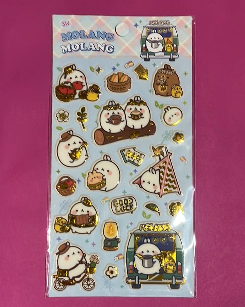 BeeCrazee Molang Puffy Gold Stickers: Hello, Ice Cream, Flowers, Picnic Kawaii Gifts