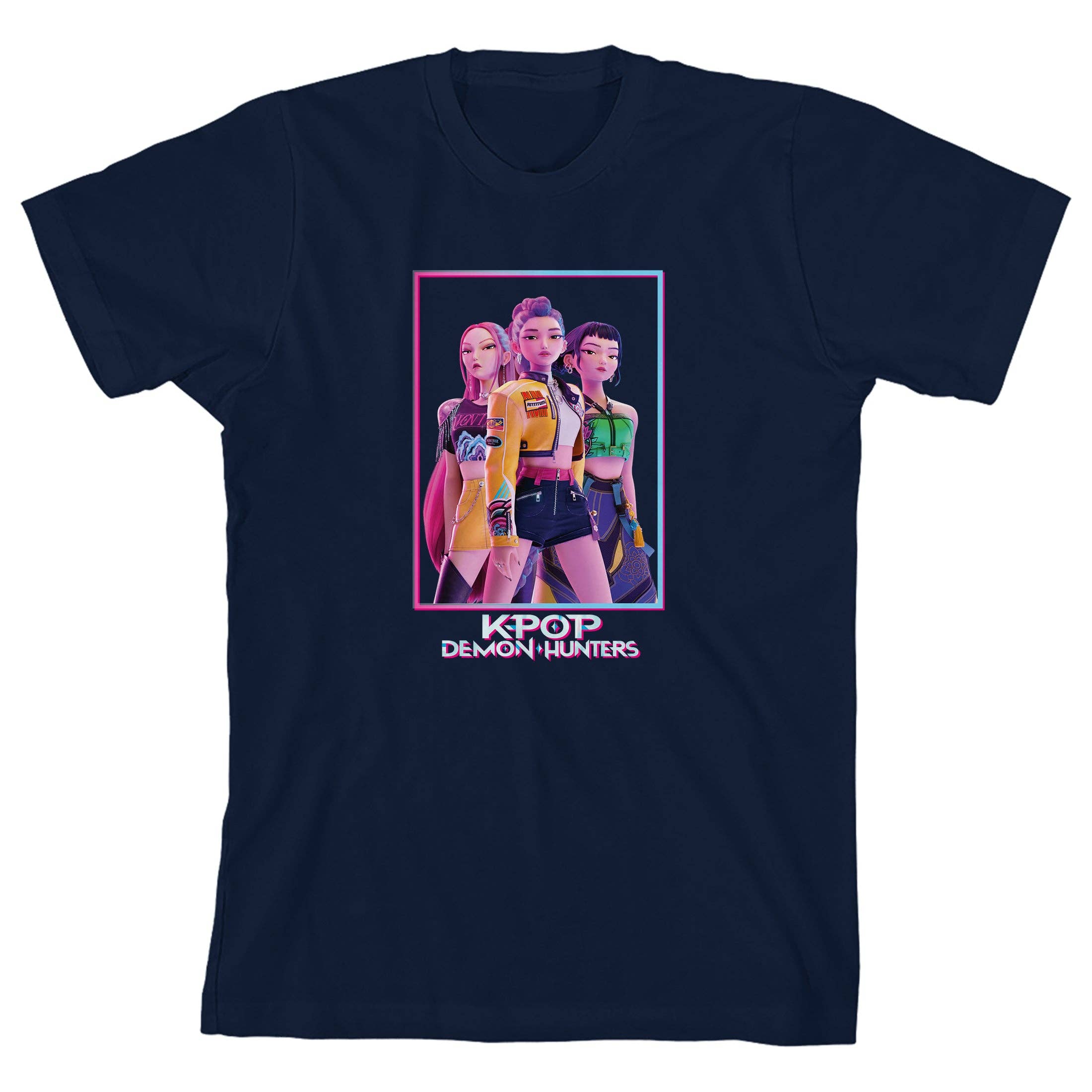 Bioworld Merchandising KPop Demon Hunters Box Art Huntrix Youth Navy Crew Neck Short Sleeve T-shirt Kawaii Gifts