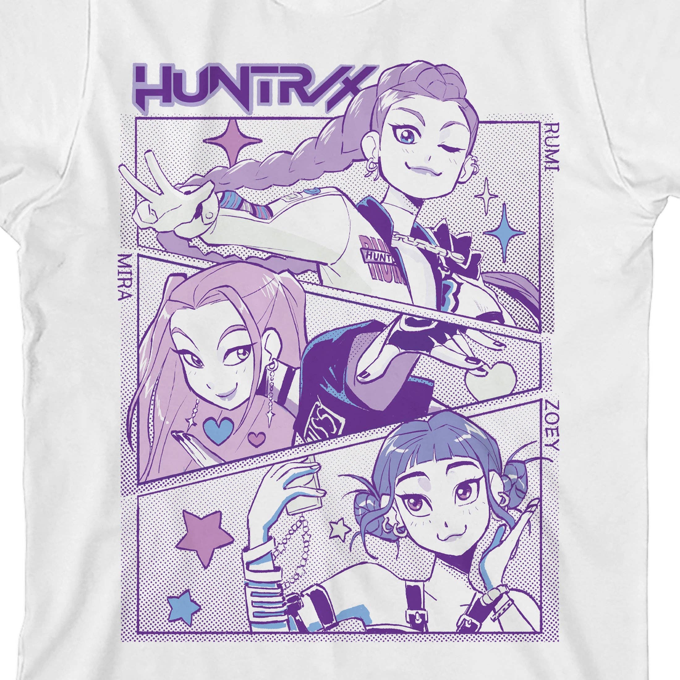Bioworld Merchandising KPop Demon Hunters Panel Art Huntrix Youth White Crew Neck Short Sleeve T-shirt Kawaii Gifts
