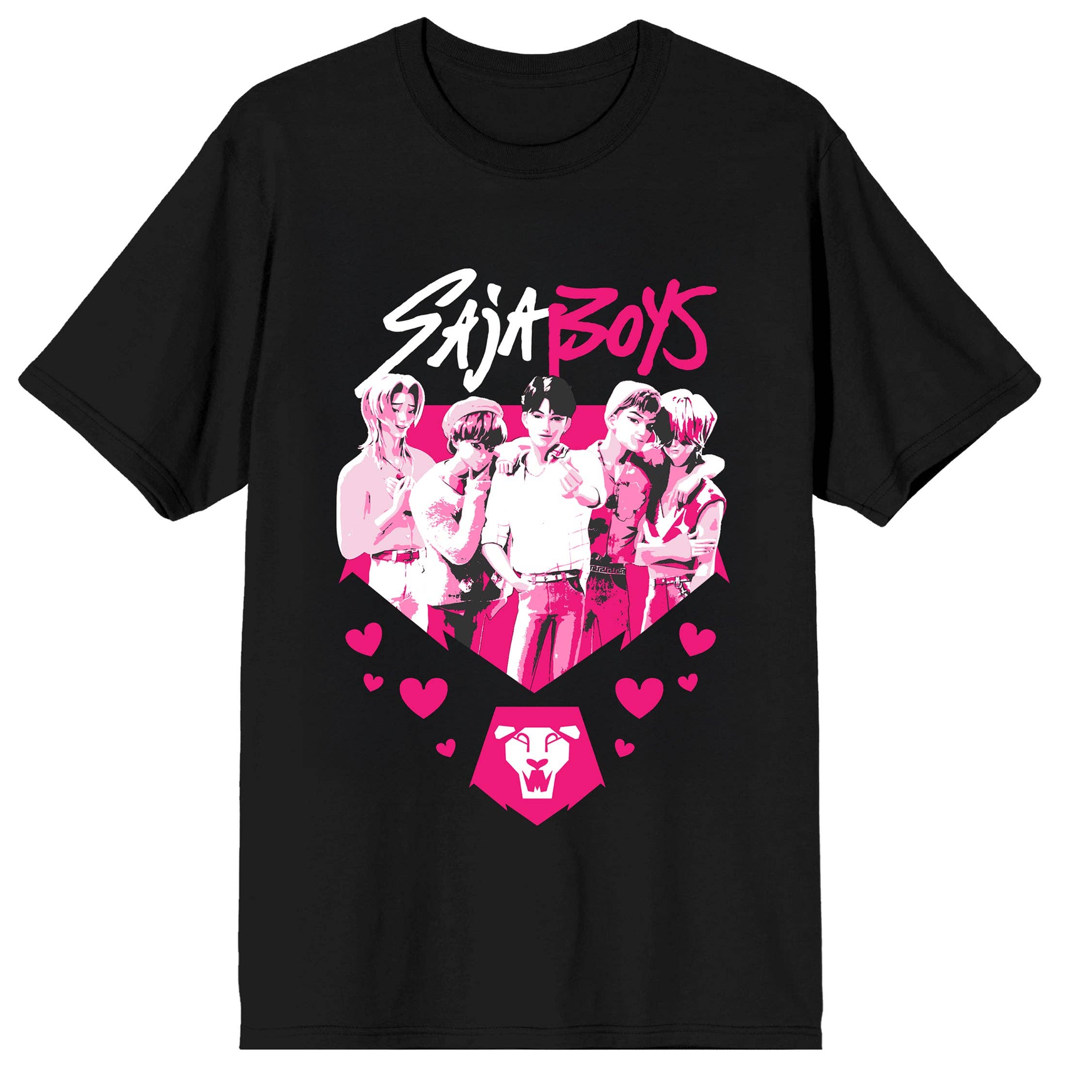 Bioworld Merchandising KPop Demon Hunters Saja Boys Pink and White on Black Short Sleeve Adult T Shirt Kawaii Gifts