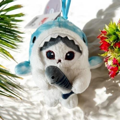 BeeCrazee Mofusand White & Gray Cat as Whale Shark Holding a Fish Plushies Kawaii Gifts