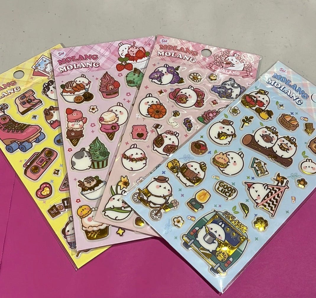 BeeCrazee Molang Puffy Gold Stickers: Hello, Ice Cream, Flowers, Picnic Kawaii Gifts