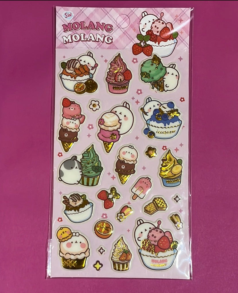 BeeCrazee Molang Puffy Gold Stickers: Hello, Ice Cream, Flowers, Picnic Kawaii Gifts