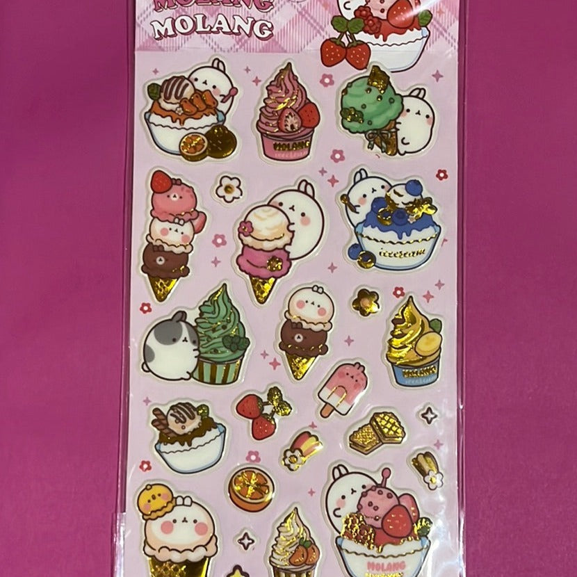 BeeCrazee Molang Puffy Gold Stickers: Hello, Ice Cream, Flowers, Picnic Kawaii Gifts