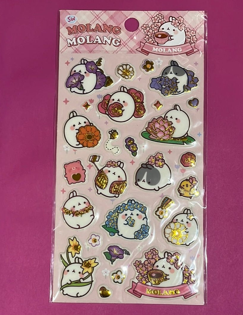 BeeCrazee Molang Puffy Gold Stickers: Hello, Ice Cream, Flowers, Picnic Kawaii Gifts