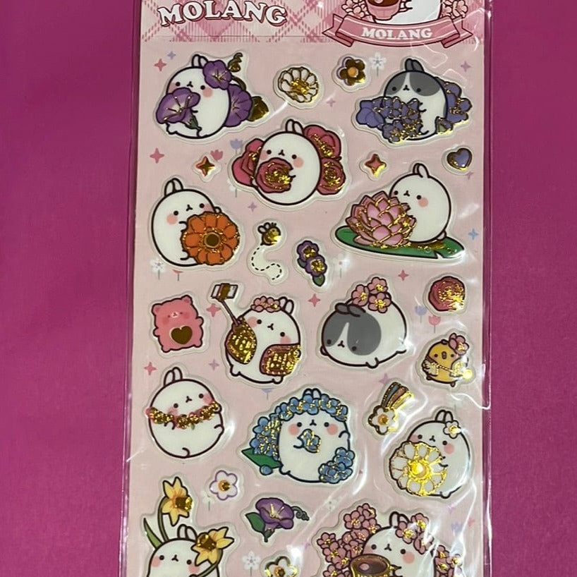 BeeCrazee Molang Puffy Gold Stickers: Hello, Ice Cream, Flowers, Picnic Kawaii Gifts