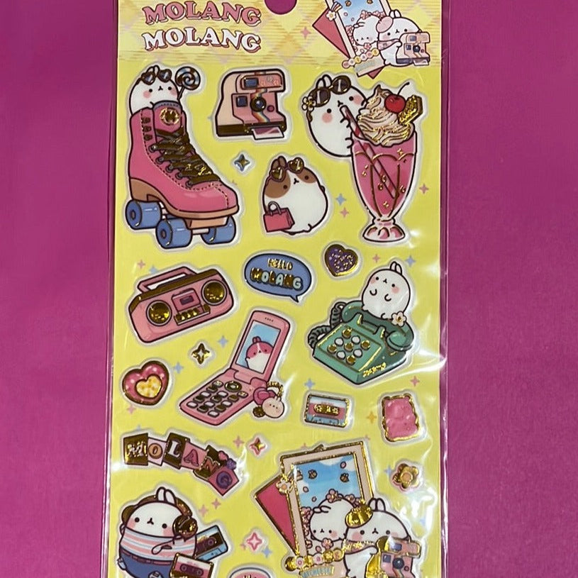 BeeCrazee Molang Puffy Gold Stickers: Hello, Ice Cream, Flowers, Picnic Kawaii Gifts