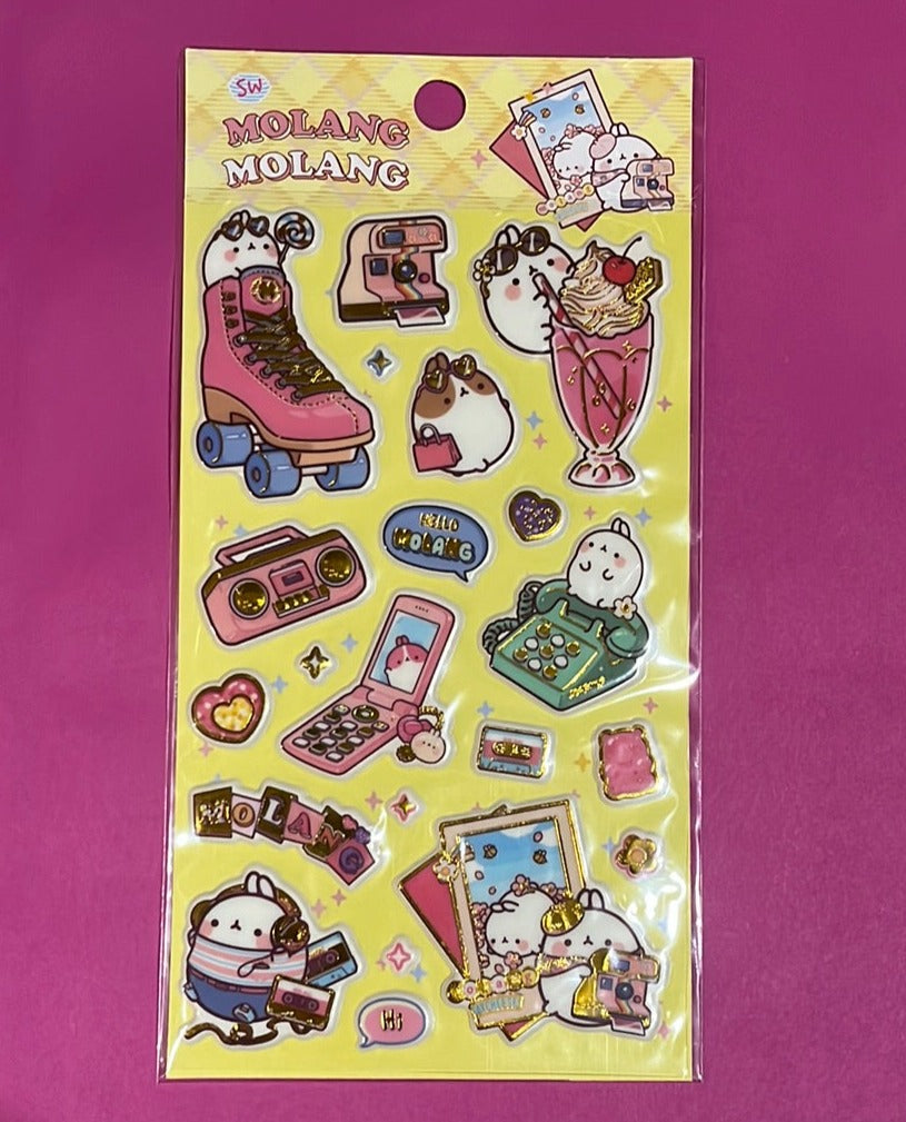 BeeCrazee Molang Puffy Gold Stickers: Hello, Ice Cream, Flowers, Picnic Kawaii Gifts