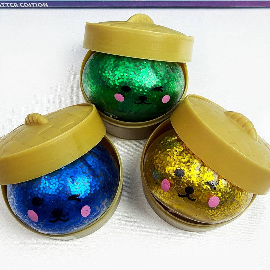 Funteze Mini Glittered Dumpling Squishy with Steamer Kawaii Gifts