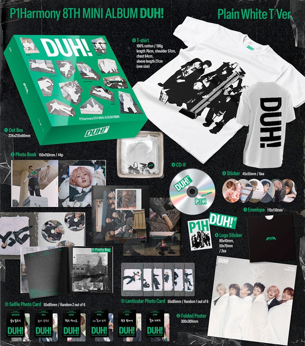 Hanteo P1HARMONY - [DUH!] (8th Mini Album) (Plain White T Ver.) (Limited Edition) Kawaii Gifts