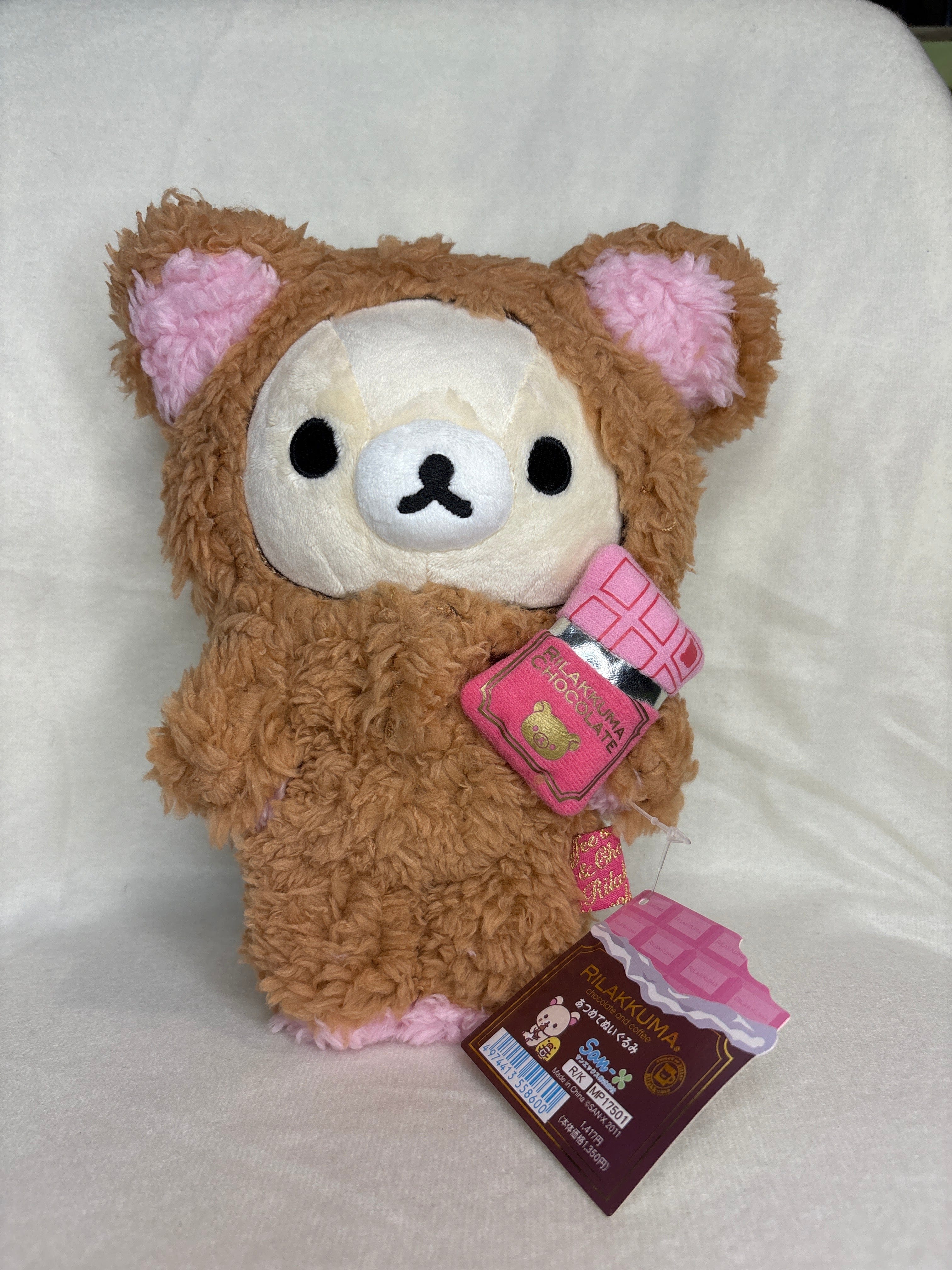 Kawaii Import Rilakkuma Chocolate and Coffee 7.5" Little Bear in Cat Costume with Chocolate Bar Kawaii Gifts 4974413558600