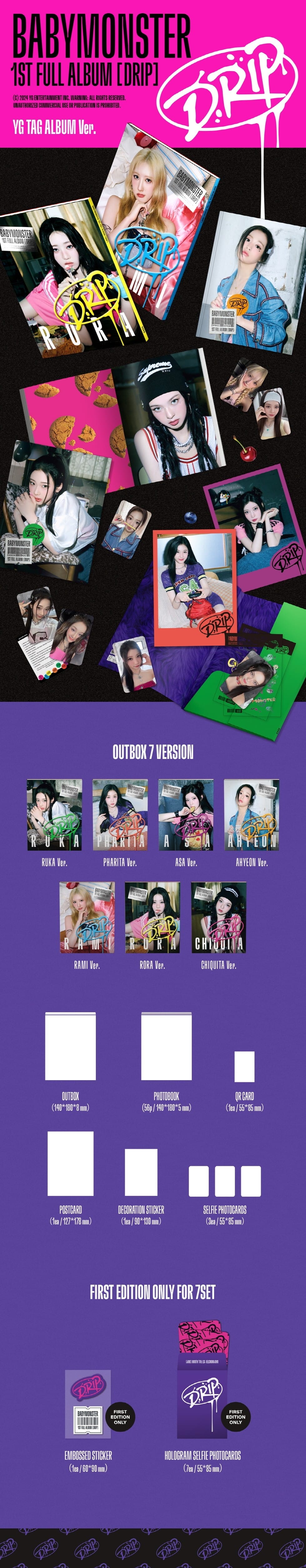 Korea Pop Store BABYMONSTER - 1st Full Album [Drip] YG Tag Albums Ver. Kawaii Gifts