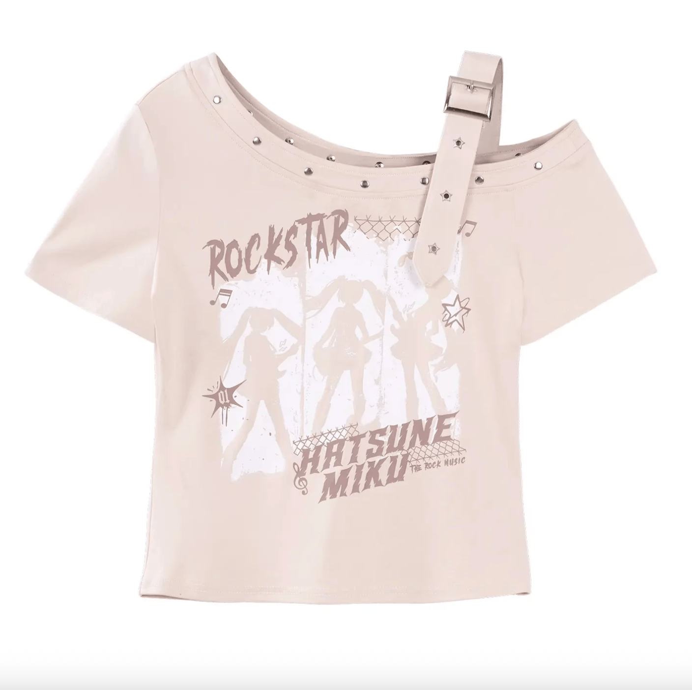 moeyu Hatsune Miku Rock Music Pale Pink Off-Shoulder Asymmetrical T-Shirt Kawaii Gifts