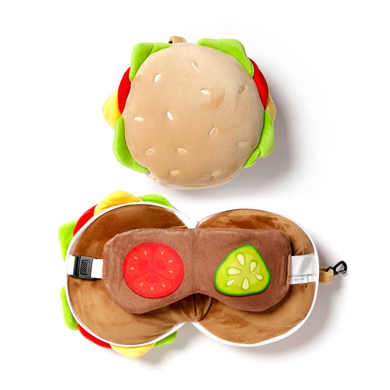 Puckator Ltd Relaxeazzz Hamburger, Red Panda & Racoon Round Plush Travel Pillow & Eye Mask Hamburger Kawaii Gifts