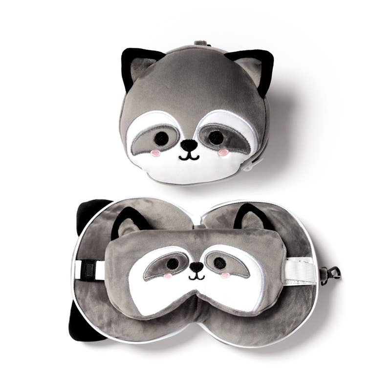 Puckator Ltd Relaxeazzz Hamburger, Red Panda & Racoon Round Plush Travel Pillow & Eye Mask Racoon Kawaii Gifts