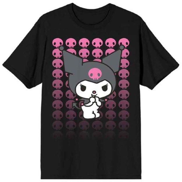 BioWorld Kuromi Pink Skulls Unisex Black Tees Kawaii Gifts