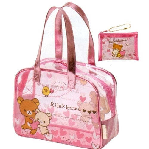 San-X Rilakkuma Relax Bear Pink Heart 12.6" Thick PVC Hand Bag with Coin Purse