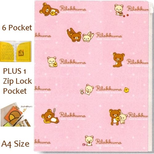 San-X Rilakkuma A4 6 + 1 Sliding Zip Lock Pockets A4 Plastic File Folder: Pink