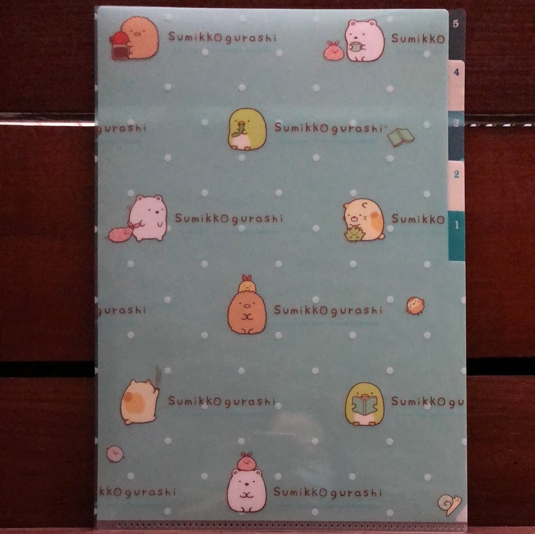 Kawaii Import Sumikko Gurashi 5-Index A4 Plastic File Folder Teal Kokoga Ochitsukundesu Kawaii Gifts 4974413652261