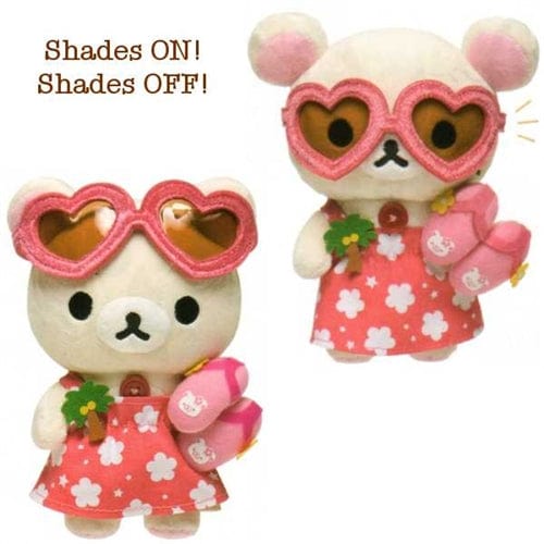 San-X Aloha Rilakkuma Paradise in Hawaii 7.5" Little Bear with Pink Sun Dress and Movable Sunglasses