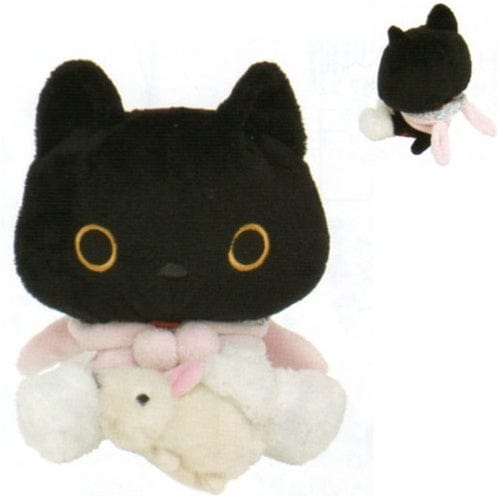 San-X Kutusita Nyanko 6" Plush: Black Kitty in Bunny Costume Holding a Bunny