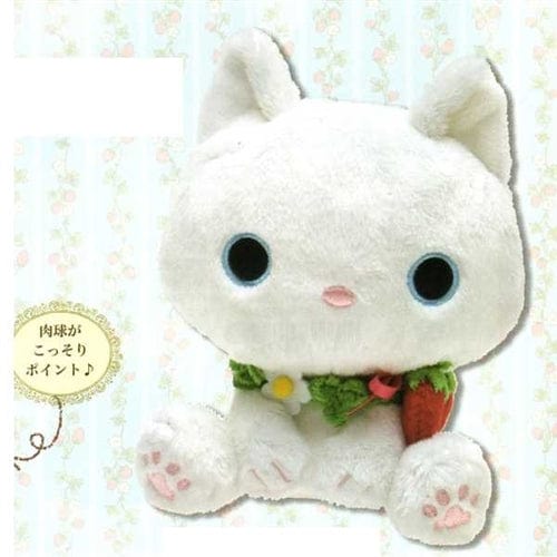 San-X Kutusita Nyanko Strawberry 7" White Kitty Plush