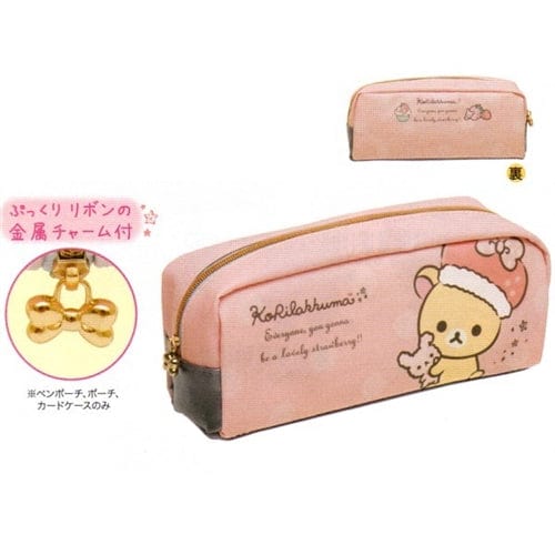 San-X Korilakkuma Strawberry 7" Pouch with Gold Bow Zipper Pull