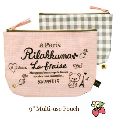 San-X Rilakkuma La Fraise a Paris 9" Pink & Grey Multi-Use Pouch