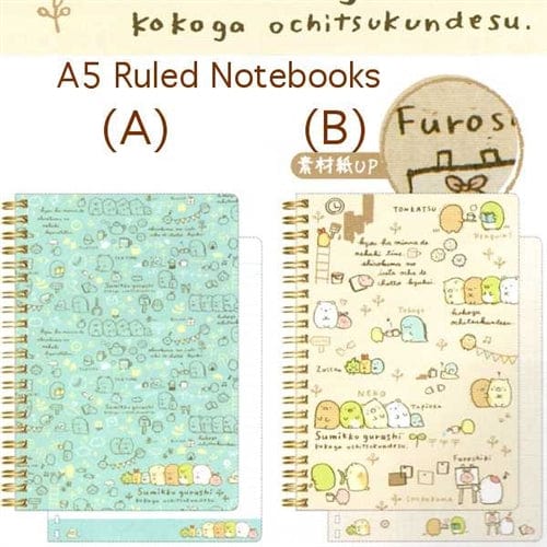 San-X Sumikko Gurashi "Things in the Corner" Kokoga Ochitsukundesu A5 Ruled Spiral Notebook: (A) Teal