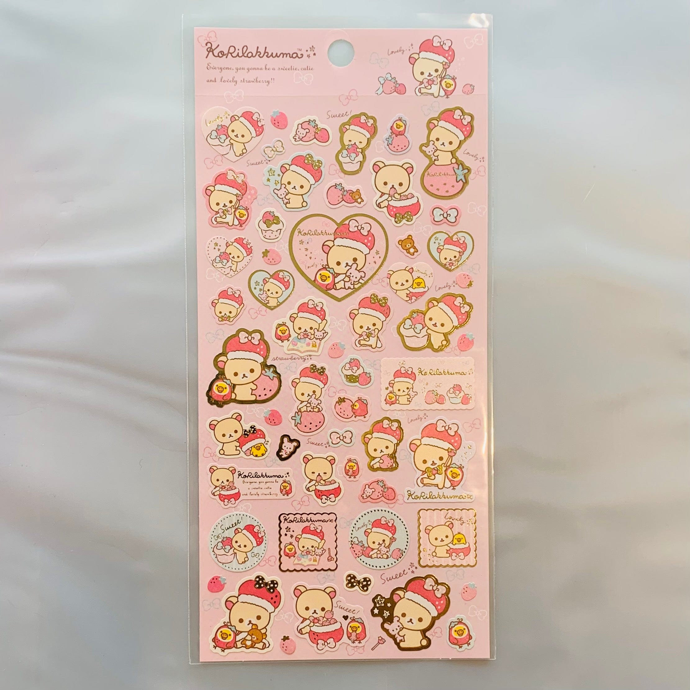 Kawaii Import Korilakkuma Strawberry Stickers with Metallic Accents (A) Pink Kawaii Gifts 4974413656207