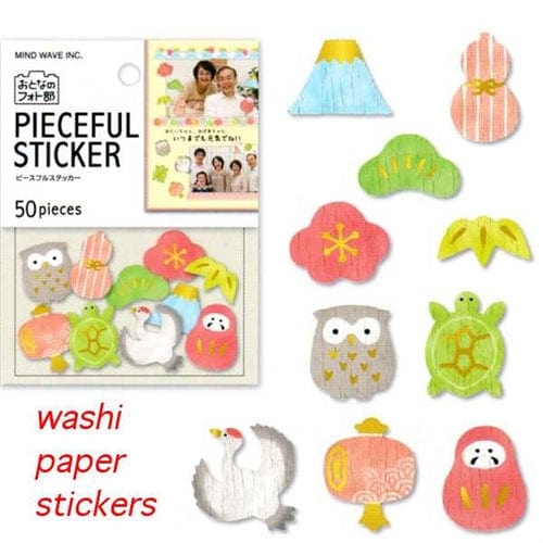 Mind Wave Washi Paper Pieceful Sticker Sack: (A) Mt. Fuji & Crane & Owl 50-Piece