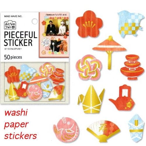 Mind Wave Washi Paper Pieceful Sticker Sack: (B) Fan & Origami & Teapot 50-Piece