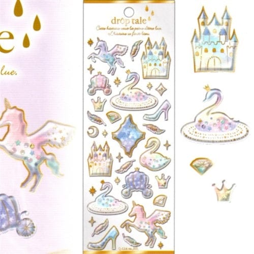 Q-Lia Drop Tale Unicorns, Swans and Castle Thick Clear Epoxy Stickers with Gold Accent