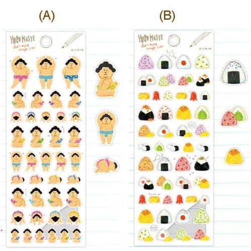 Q-Lia Transparent Plastic Stickers: (A) Sumo Wretslers (B) Onigiri Rice Balls