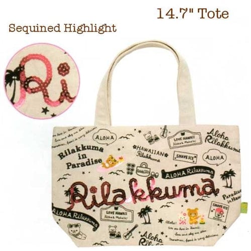 San-X Aloha Rilakkuma Paradise in Hawaii 14.7" Canvas Tote with Sequins