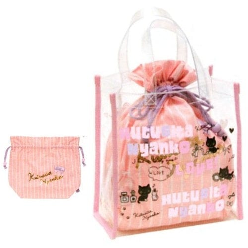 San-X Kutusita Nyanko Clear Tote Bag with Drawstring Liner Pouch