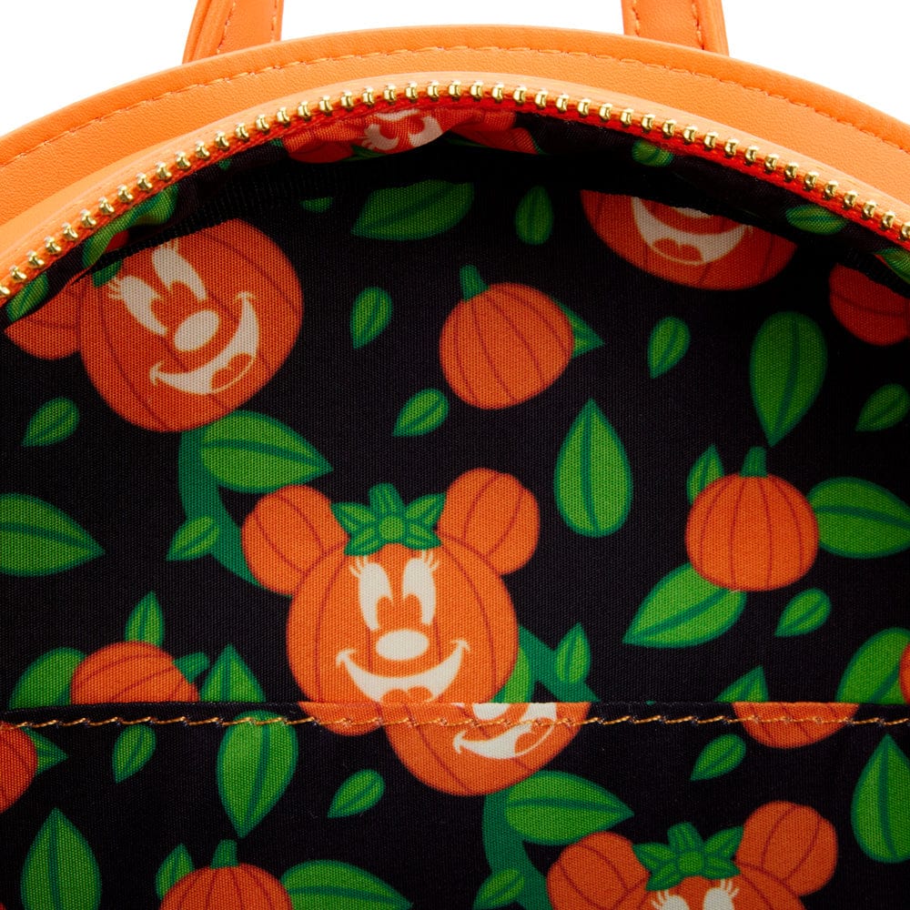 dark green leaf mini backpack Disney: Glow Face Pumpkin Minnie Loungefly Mini Backpack